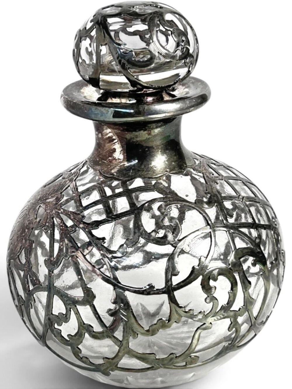 Antique Art Nouveau Sterling Silver Overlay Glass Perfume Bottle Monogram 1900s
